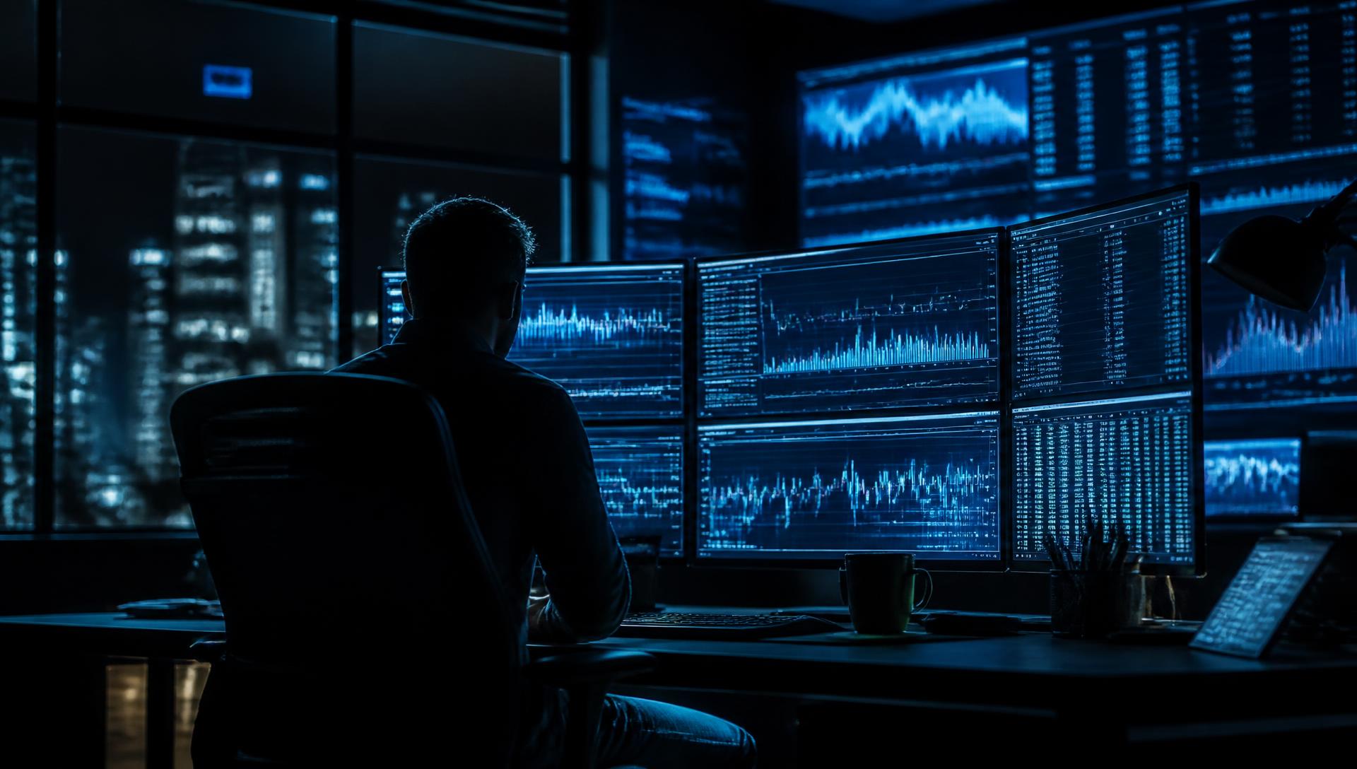 Professional trader analysing market charts on multiple monitors in a dark trading room